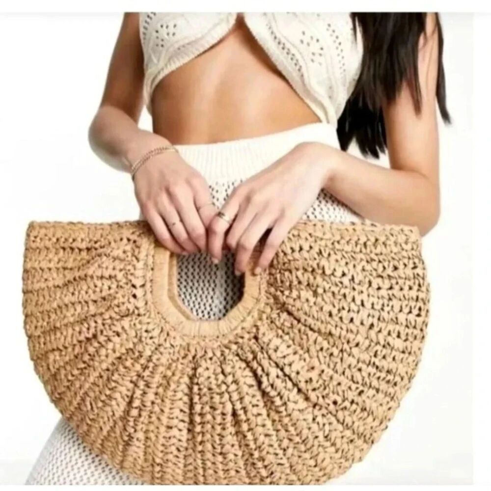 RAMLA | 12X17 Women HALF MOON WOVEN CLUTCH HANDBAG | TAN BROWN CREAM BEIGE